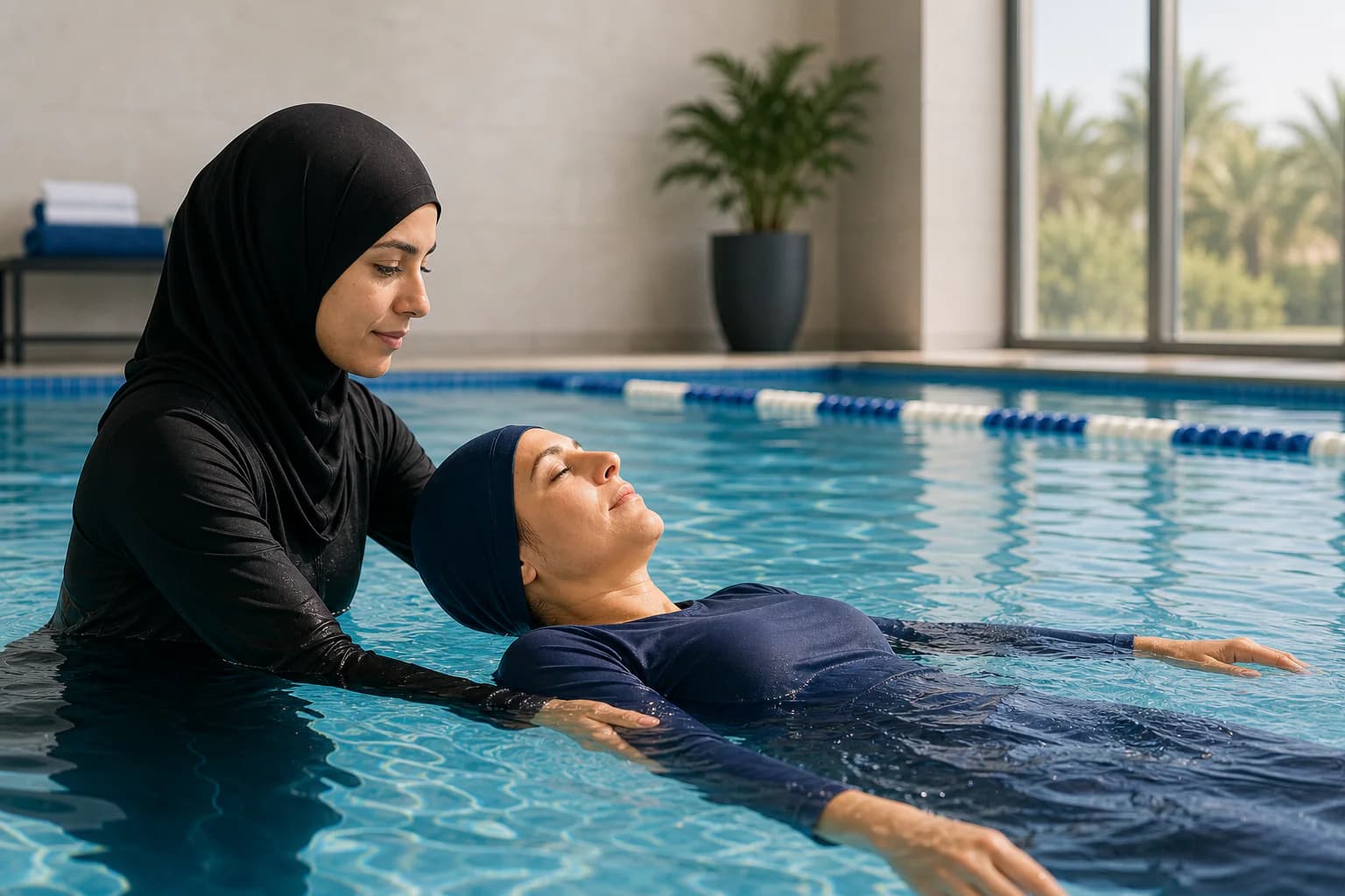 A swimming coach supporting an adult beginner during a calm back-float exercise