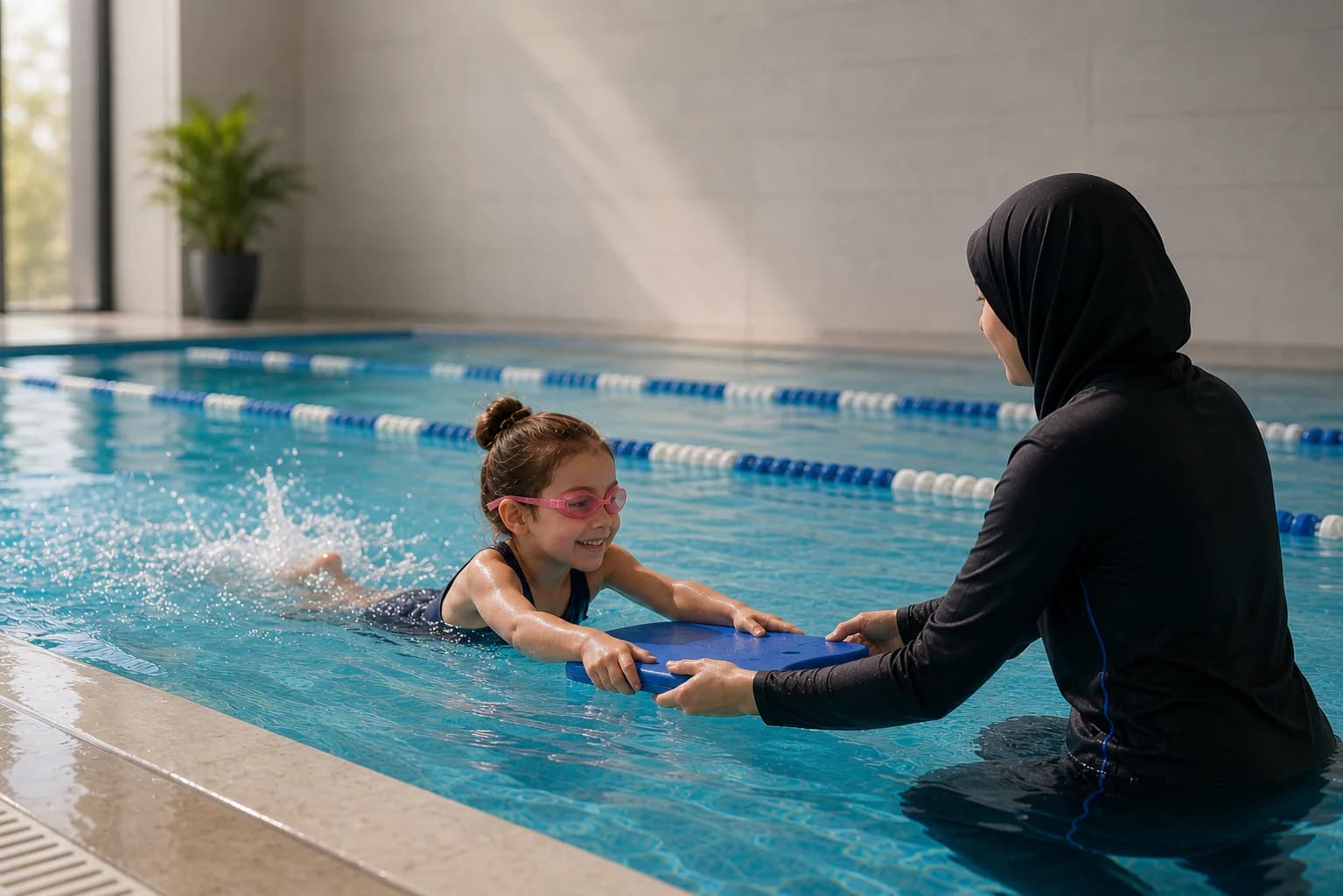 A swimming coach helping a child practise safely with a kickboard