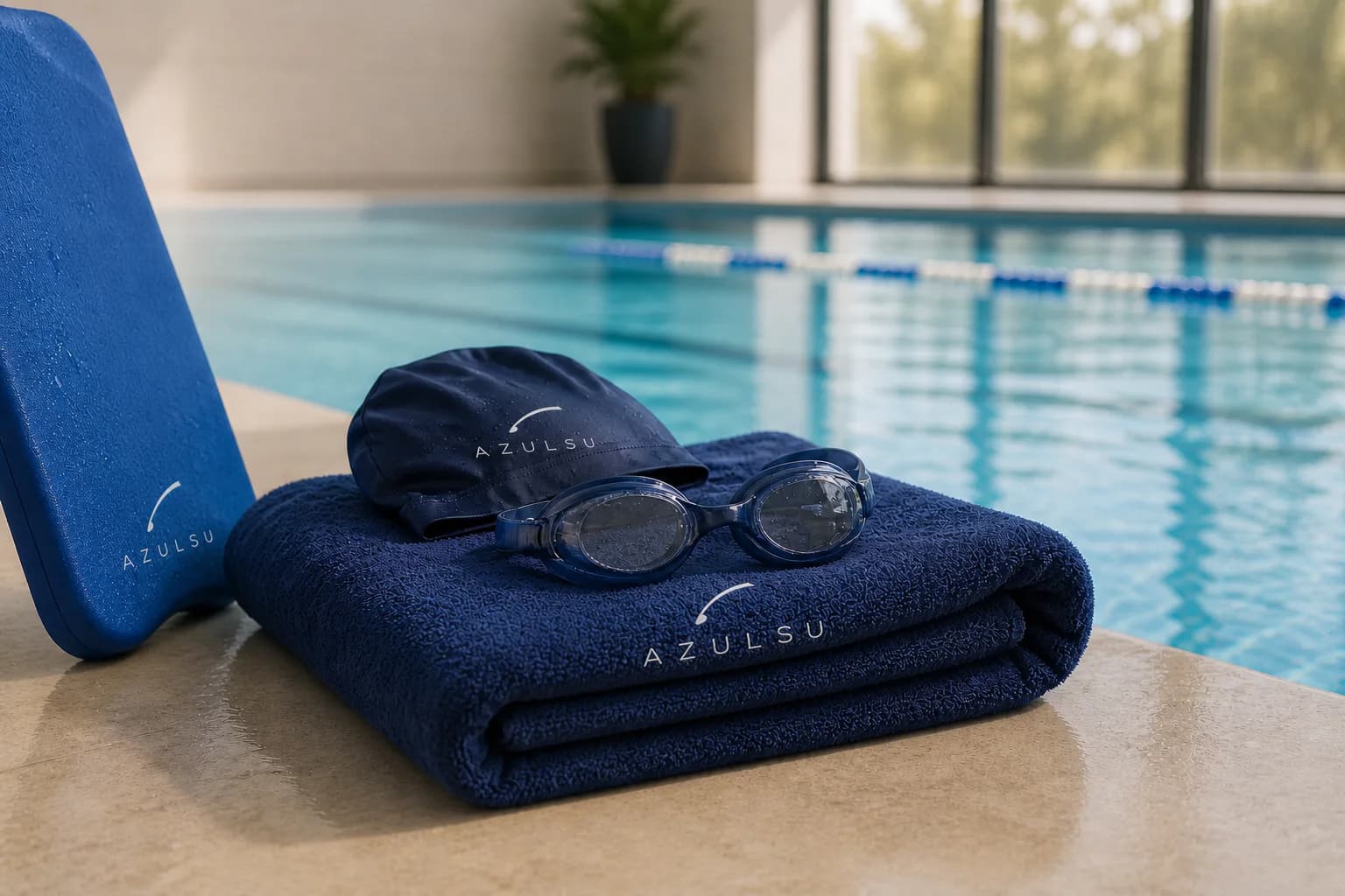 Swimming goggles, cap, towel, and kickboard ready beside the pool